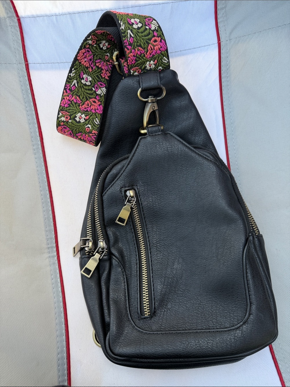 Antik Kraft Black Crossbody Sling Bag with Floral Pink & Green Strap